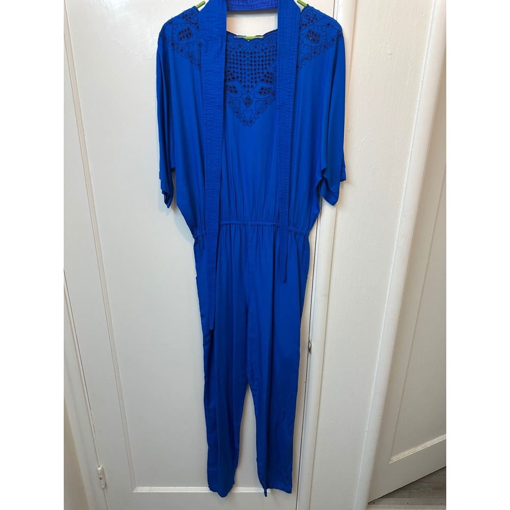 VTG Reds Threads Original Royal Blue Eyelet Jumpsuit XL Handmade Rayon Indonesia